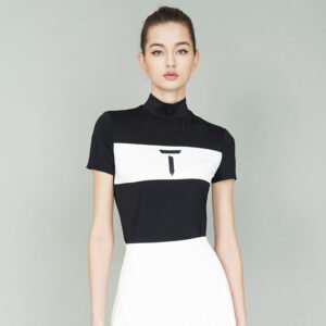 Golf clothing women's summer fashion stretch black white color blocked slim fit high neck short sleeve shirt