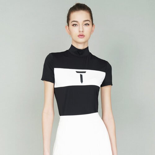Golf clothing women's summer fashion stretch black white color blocked slim fit high neck short sleeve shirt