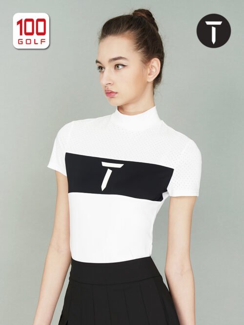 Golf clothing women's summer fashion stretch black white color blocked slim fit high neck short sleeve shirt - Image 4