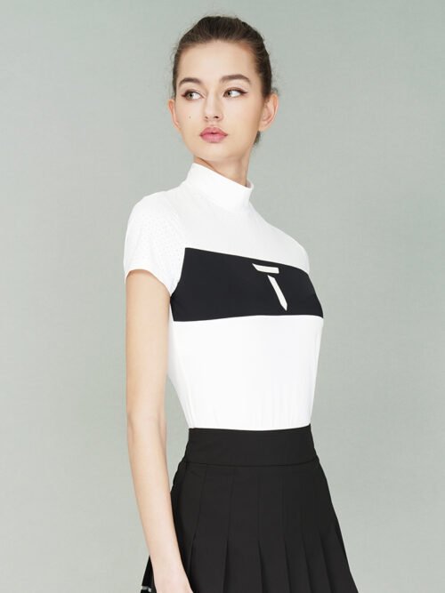 Golf clothing women's summer fashion stretch black white color blocked slim fit high neck short sleeve shirt - Image 5