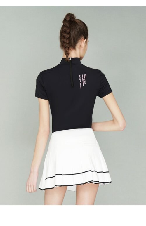 Golf clothing women's summer fashion stretch black white color blocked slim fit high neck short sleeve shirt - Image 8