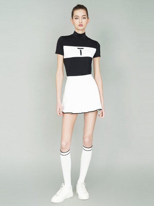 Golf clothing women's summer fashion stretch black white color blocked slim fit high neck short sleeve shirt - Image 9