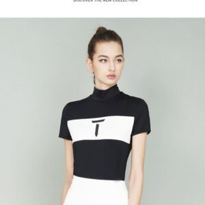Golf clothing women's summer fashion stretch black white color blocked slim fit high neck short sleeve shirt
