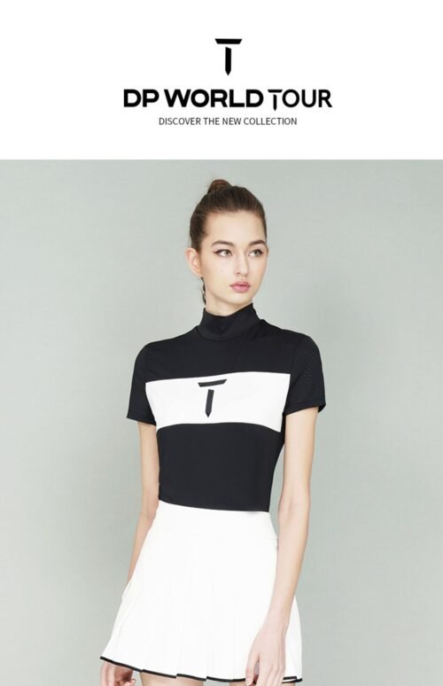 Golf clothing women's summer fashion stretch black white color blocked slim fit high neck short sleeve shirt - Image 2
