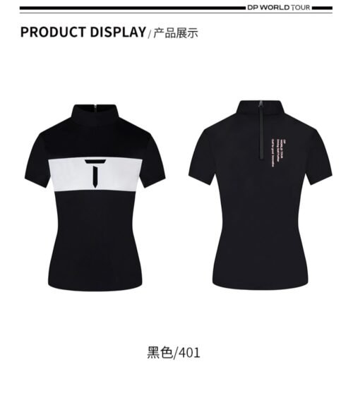 Golf clothing women's summer fashion stretch black white color blocked slim fit high neck short sleeve shirt - Image 11