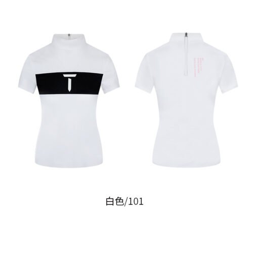 Golf clothing women's summer fashion stretch black white color blocked slim fit high neck short sleeve shirt - Image 10